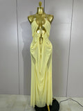 Elegant Luxury Chain Sexy Mesh See Through Halter Low-Neck Backless Sleeveless Long Dress Women Club Party Prom  Holiday Dresses