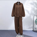 Casual Loose Coats Pants Set Women Full Sleeve Lapel Zippers Solid Coat Long Straight Pleated Pant Sets 2026 Autumn Lady Suit