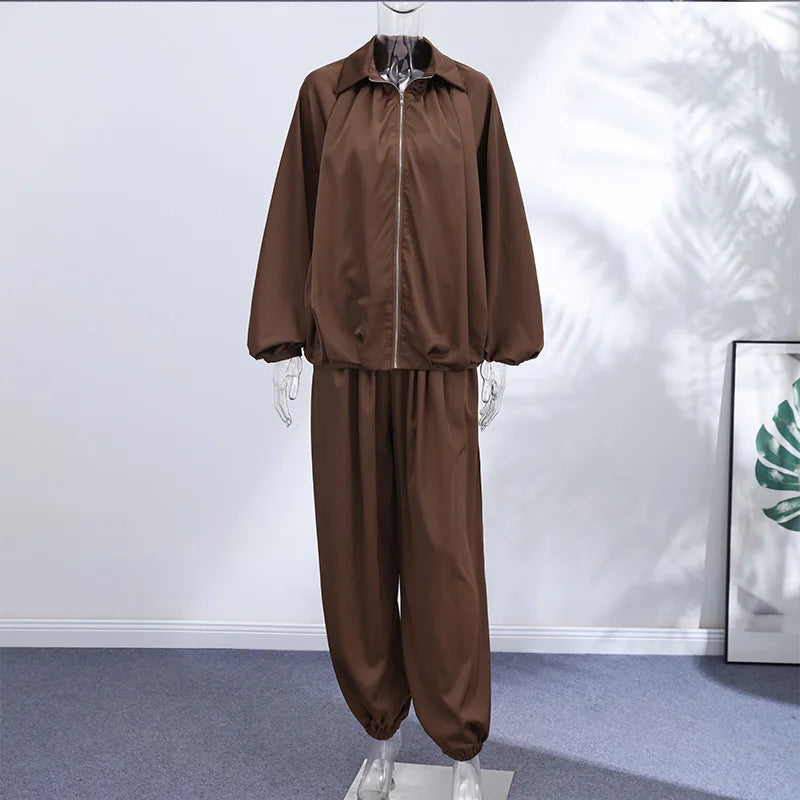 Casual Loose Coats Pants Set Women Full Sleeve Lapel Zippers Solid Coat Long Straight Pleated Pant Sets 2026 Autumn Lady Suit