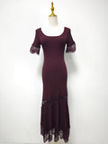 Romantic Dates Brown Ribbed Knit Mermaid Dresses for Women U Neck Short Sleeve Lace Trimmed Midi Skirt for Office Commute