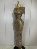 Luxery Sparkly Rhinestones Tassel Transparent Mesh Stretch Long Dress Women Evening Celebrate Birthday Dress Sexy Stage Costumes