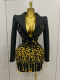 2026 Women Birthday Evening Party Nightclub Outfit Singer Wedding Costume Sparkly Crystal Chains Pearls Long Sleeve Mini Dress