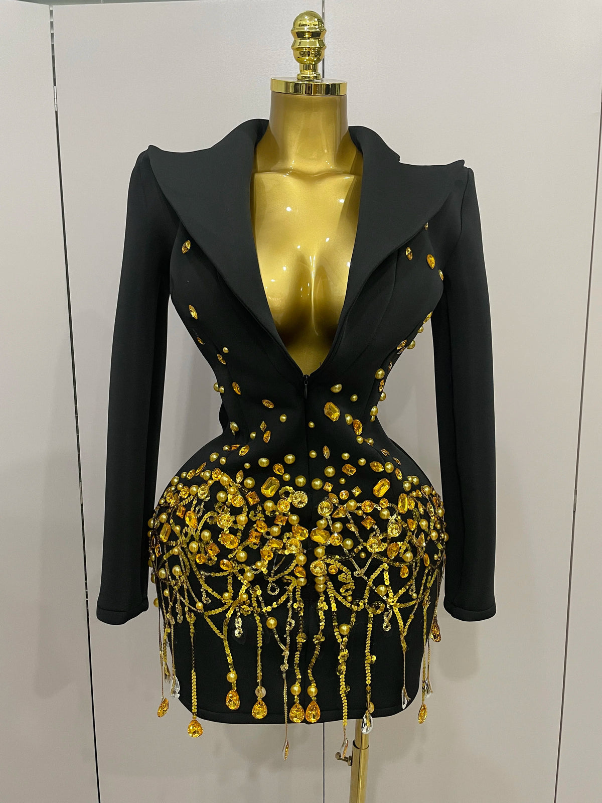 2026 Women Birthday Evening Party Nightclub Outfit Singer Wedding Costume Sparkly Crystal Chains Pearls Long Sleeve Mini Dress