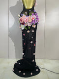 Sexy Halter Mesh See Through Long Dress Women Sparkly Diamonds 3D Flower Evening Party Birthday Photoshoot Nightclub Stage Wear