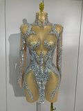 Sparkly Rhinestones Sexy Mesh Transparent Mini Dress Eveing Birthday Party Dance Nightclub Fashion Show Stage Costumes