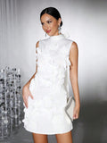 Spliced Appliques Elegant Dresses For Women Stand Collar Sleeveless High Waist Patchwork Zipper Mini Dress Female