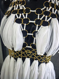 Black White Women Sexy Halter Off the Shoulder Backless Mesh Draped Gold Sequined Circle Long Maxi Dress Celebrate Vacation Wear