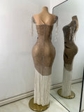 Sparkly Rhinestones Fringes Mesh See Through Maxi Dress Women Elegant Gowns Stage Night Club Celebrate Performance Costume