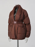 Solid Casual Basics Down Jacket for Women V Neck Long Sleeve Tunic Patchwork Sashes Slimming Elegant Coat Female