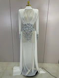 Luxury Elegant Birthday Party Prom Sparkly Diamonds Long Sleeves Mesh See-Through Maxi Abaya Women Evening Wedding Guest Gowns