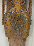 Luxury Rhinestones Mesh Bodycon Long Dress Celebrate Birthday Party Photo Shoot Long Sleeve Performance Costume Stage Outfit