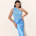 Solid Slimming Dresses for Women Slanted Collar Sleeveless High Waist Temperament Dress Female Fashion