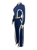 Casual Tracksuit 2-Piece Set Women Stripe Patchwork Zip Lapel Crop Jacket+Drawstring Pants Matching Sporty Outfits