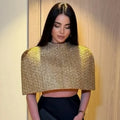 Women Gold Sparkle Capelet Top Elegant Shiny Tweed Shoulder Wrap Turtleneck Short Cloak 2026 Spring Lady Evening Party Outfit