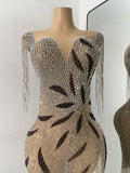 Sparkly Rhinestones Fringes Mesh See Through Maxi Dress Women Elegant Gowns Stage Night Club Celebrate Performance Costume