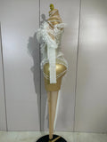 Women Eveing Birthday Party NightClub Dancer Stage Show Costumes Elegant White Pearl Long Sleeves Sexy Mesh See Through Jumpsuit