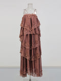 Elegant Tiered Ruffles Maxi Dresses for Women Square Collar Sleeveless Cross Back Lace Trim Skirt for Fashion Show