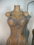 Women Sexy Sleeveless Rhinestones Chic Evening Gown Mesh See Through Performance Dance Costume Singer Stage Wear