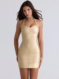 Sexy Bandage Halter Backless Gold Mini Dresses Women's Spaghetti Strap Bodycon Dress 2026 New Ladies Summer Clubwea