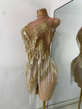 Luxury Sequins Tassel Short Dress For Women Sexy Sleeveless Mesh Transparent Music Festival Clothes Stage Wear