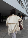 French Retro Windbreaker for Women Lapel Shoulder Pud Long Sleeve Spliced Buttons Loose Basics Coats Female Trendy