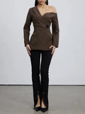 Casual Street Style Asymmetrical Designer Blazer for Women Off One Shoulder Single Button Accent for Fashion Brand Events