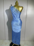 Women Elegant Evening Party Cocktail Club Prom Gowns Birthday Dress Sexy One Shoulder Tassels Sky Blue Bodycon Bandage Dress