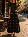 Elegant Beaded Two Piece Set for Women Round Neck Short Sleeve Cropped Top A Line Maxi Skirt for Office Daily Party Suit