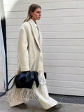 Beige Woolen Lapel Collar Fringe Hem Oversized Long Coats Chic Long Sleeve Warm Jackets Winter Daily Street Lady Outerwear 2026