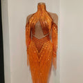 Sparkly Diamond Orange Tassel Long Sleeves Mesh Transparent Dress Women Latin Dance Outfits Bar Nightclub Party Club Stage Wear
