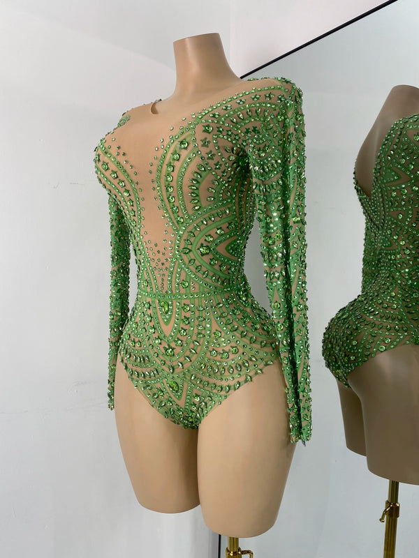 Sparkly Rhinestones Luxury Women Strecht Bodycon Sexy Long Sleeves Singer Performance Stage Nightclub Outfit Dancer Costume