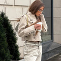 Women Double-Breasted Stand Collar Cropped Jacket Long-Sleeved Solid Zipper Metal Button Fashion Street Coat Autumn Winter