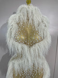 Sparkly Pearl Tassel Mesh See Through Long Dress Women Sexy Luxury Birthday Prom Party Nightclub Singer Stage Costume
