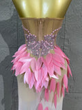 Strapless Rhinestone Evening Gown 3D Leaf Feather Appliques Sheer Mesh LongDress Prom Birthday Party Performance Formal Costume