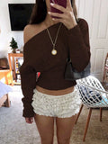 Elegant One Shoulder Beige Knitted Sweater Women's Pull Waist Off-Shoulder Sweatshirt Jumper Pullovers Clothes Autumn Winter New