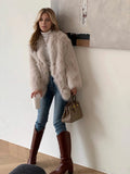 Beige Fluffy Faux Fur Jacket Women Long Sleeve Open Front Warm Cozy Coat Fall Winter Party Daily Streetwear Trendy Outerwear New