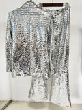 Fashion 2026 Designer Suit Set Women'S Sequin Glitter Blazer Flare Pants Suit Two Piece Set Elegant Silver Outfit