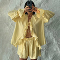 New Casual Shorts Two-piece Set Women's Ruffled Loose Tie Top Simple Shorts Set Office Lady Summer Female Shorts Set