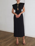 Black Loose Spliced Buttos Chic Dresses for Women O Neck Sleeveless Elegant Commute Dress Female Summer Fashion New