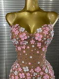 Shining Rhinestones Women Sexy Strapless Mesh See Through Florals Bodycon Mini Dress Performance Costumes Celebrate Stage Wear
