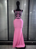 Sparkly Crystal Pink Silver Women Sexy Keyholes High Stretch Bodycon Maxi Gowns Dress Evening Party Celebrate Cocktail Outfit