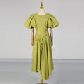 Solid Spliced Drawstring Folds Designer Maxi Dress for Women O Neck Puff Sleeve High Waist Elegant Party Dresses Female New