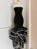 Vintage Luxurous Fishtail Dress for Women Strapless Sleeveless Spliced Irregular Ruffles Hem Sexy Chic Dresses Female Autumn