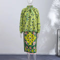 Bow Tie Neck Women Floral Print Set Long Puff Sleeve Cuff Trim Loose Blouse Vibrant Ethnic Midi Skirt Straight Hem Street Daily