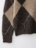 Women's Brown Beige Plaid Knitted Sweater Fashion Off Shoulder Patchwork Loose Blouse Lady Autumn Winter Casual Outerwear