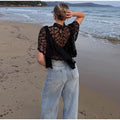Sexy Cape Style Lace Perspective Top Women Half High Neck Short Sleeve Solid Irregular Pullover Lady Chic Casual Beach Top Cloth