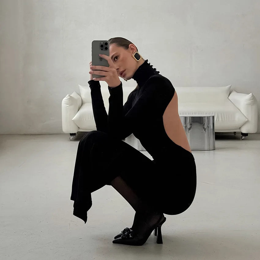 Black Turtleneck Backless Maxi Dresses Female Long Sleeve Slimming Minimalist High End Style for Luxury Cocktails