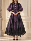 Spotted Print Shirt Maxi Dress for Women Puff Sleeve Point Collar Self Tie Sash Waistband Lace Hem Patchwork Mesh Overlay