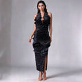 Elegant 3D Flower Applique Halter Maxi Dress Sexy Off Shoulder Backless Ruffled Bodycon Bandage Celebrity Evening Party Gowns