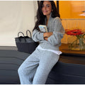 Women Solid Turtleneck Cable Knit Sweater Wide Pants 2 Piece Set Long Sleeve Half Zip Pullover 2026 Casual Loungewear Suit